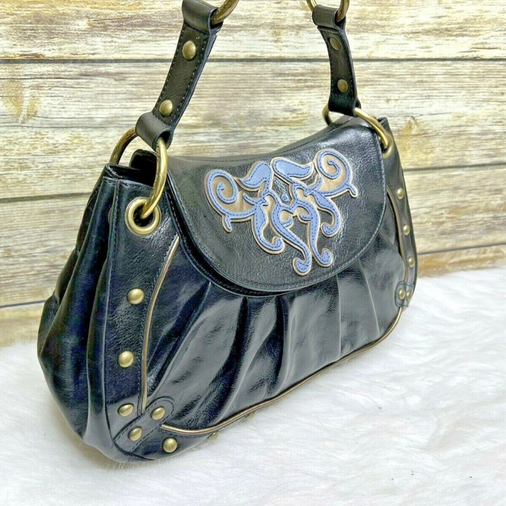 Kate Landry Black Genuine Leather Studded Accent Purse Shoulder Bag Tote - Picture 2 of 11
